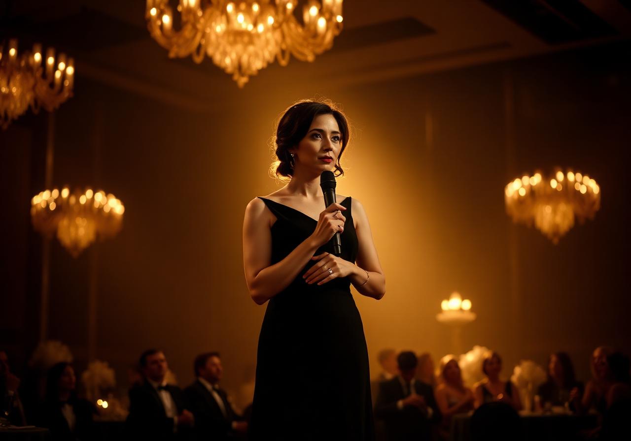 Bilingual master of ceremonies on stage in a black gown holding a microphone under warm gold gala lighting in Toronto.