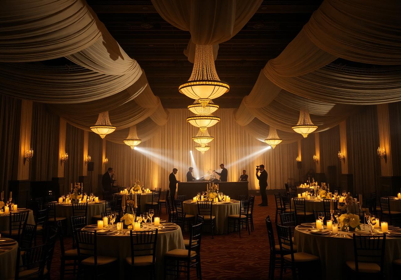 Draped ballroom with chandeliers, candlelit tables, and crew silhouettes during event production setup in Toronto.