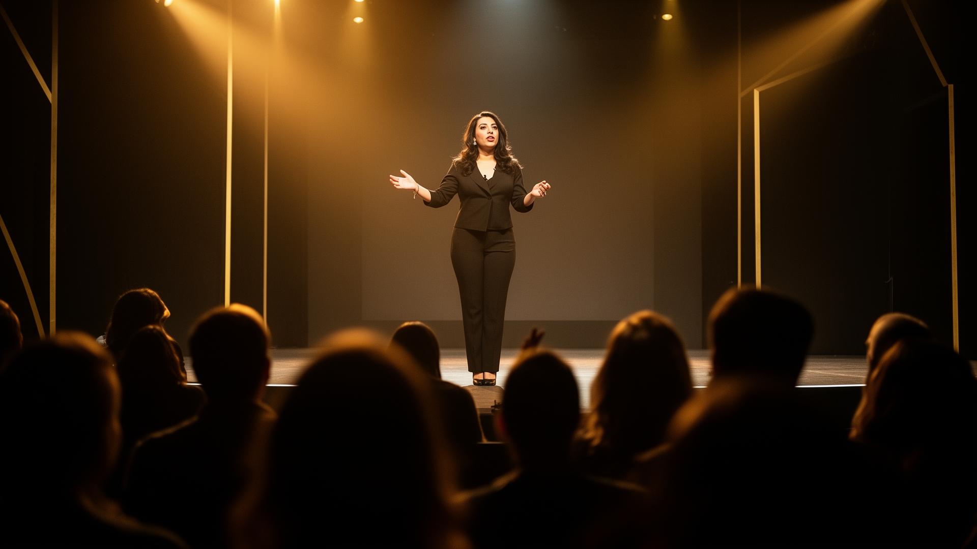 Empowerment keynote speaker mid-talk on a darkened conference stage under a single gold spotlight.