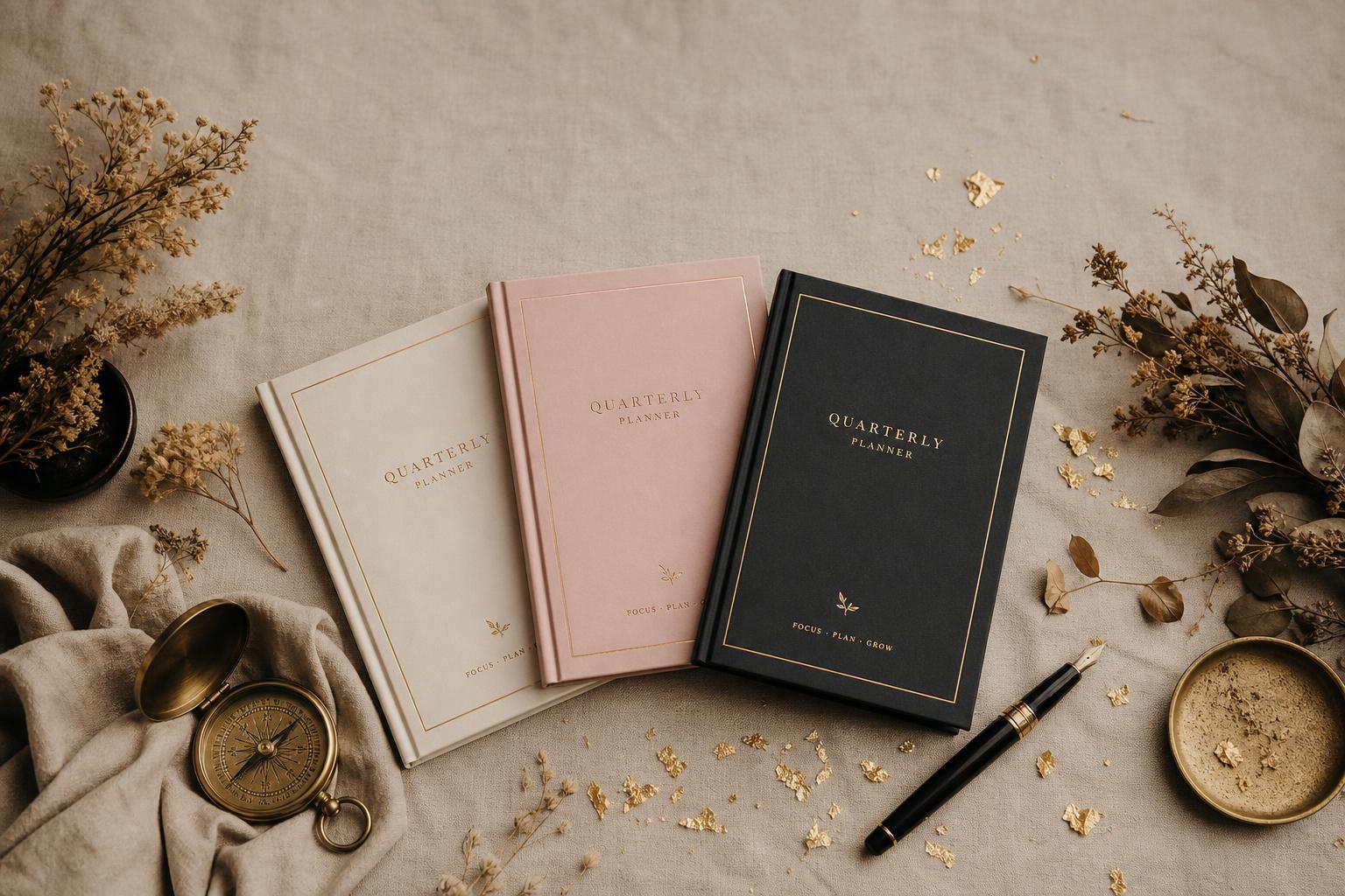 And So It Is quarterly goal planner for neurodivergent minds by Ghazaleh Ghasemi — all three editions (Neutral, Feminine, Masculine) arranged on a dark walnut table with dried botanicals, a brass compass and scattered gold leaf.