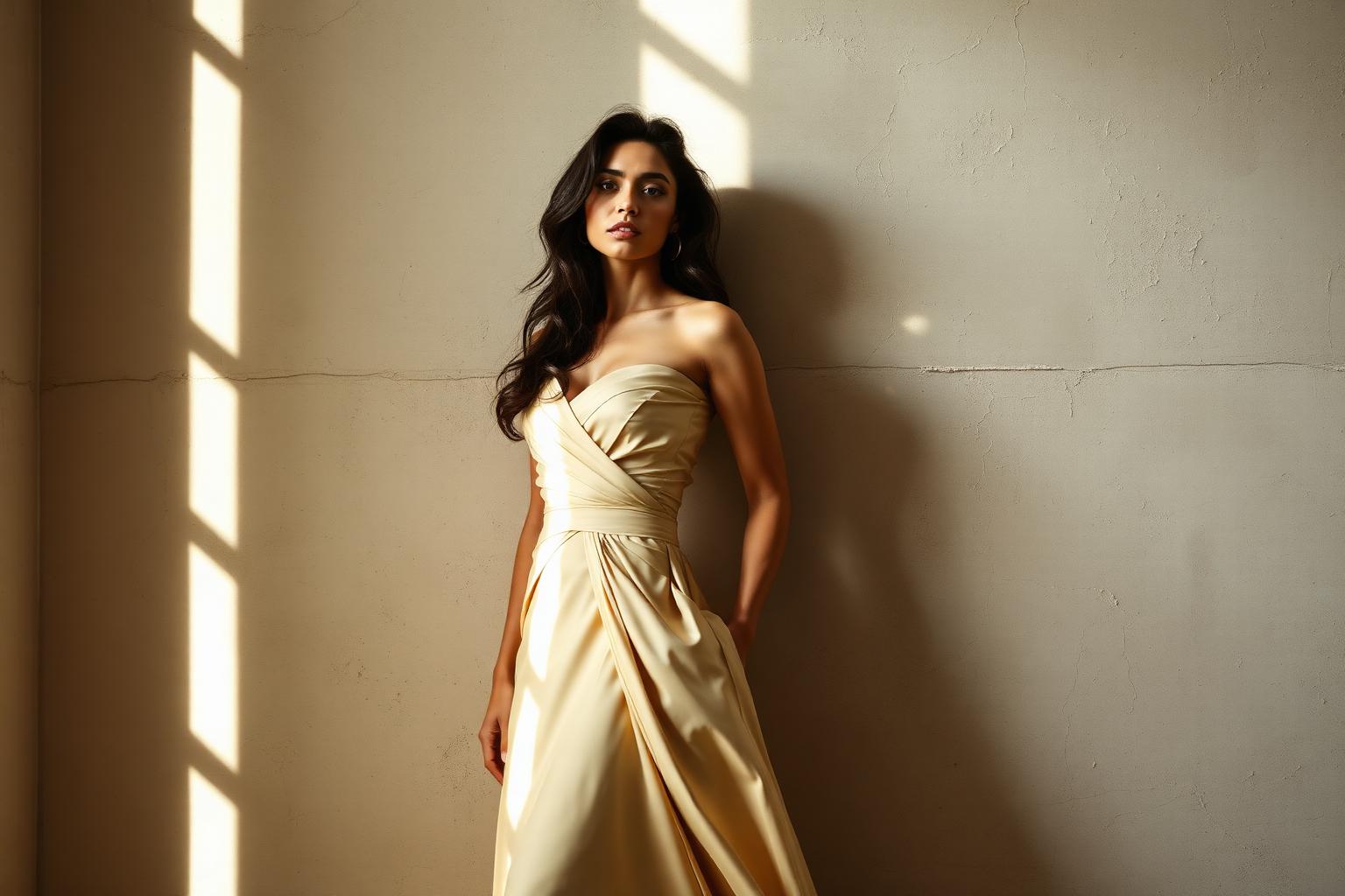 Toronto editorial model Ghazaleh Ghasemi in a flowing structured gown against a textured plaster wall, with a shaft of cool window light cutting across the frame for a magazine editorial.