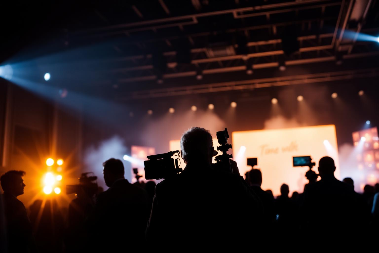 Here2GuideU film and event production crew silhouetted behind a broadcast camera at a Toronto gala, with warm tungsten stage wash and atmospheric haze illuminating a 600-seat ballroom.