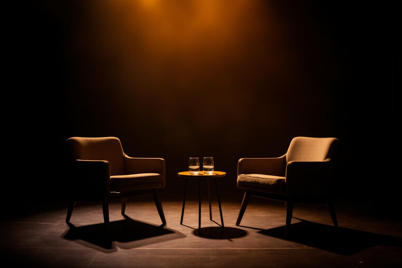 Two empty mid-century lounge chairs angled toward each other on a darkened Toronto fireside-chat stage, lit by an amber wash with two glasses of water on a side table awaiting an on-stage interview.