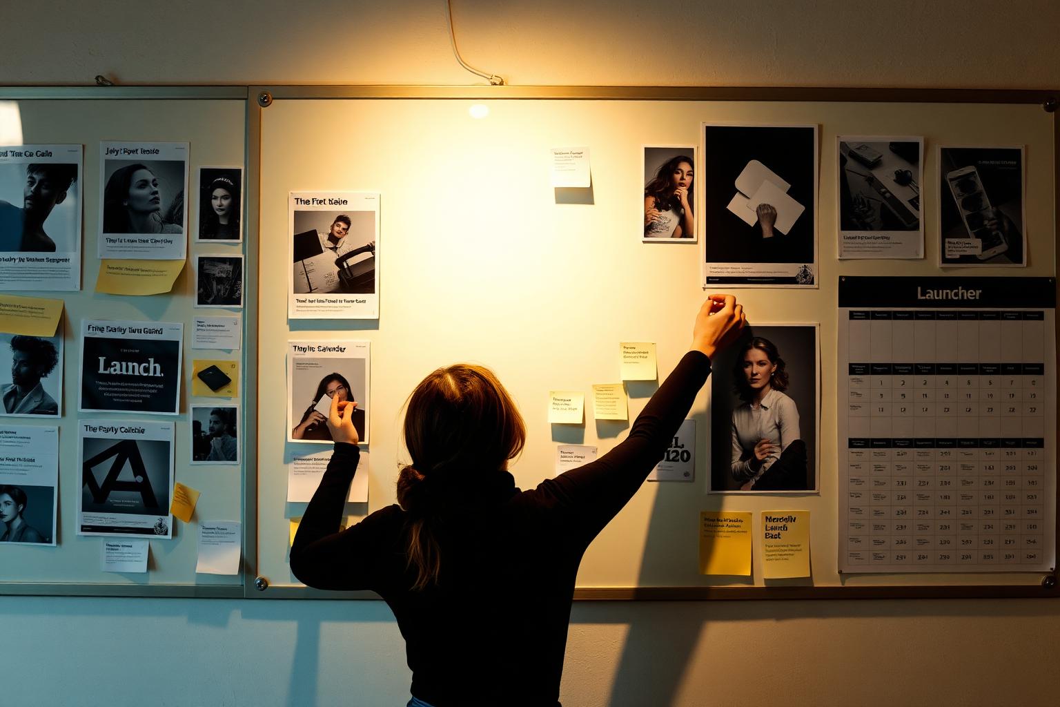 Marketing strategist in a black turtleneck arranging campaign frames and a launch calendar on a brand planning wall for a Here2GuideU founder launch in Toronto.