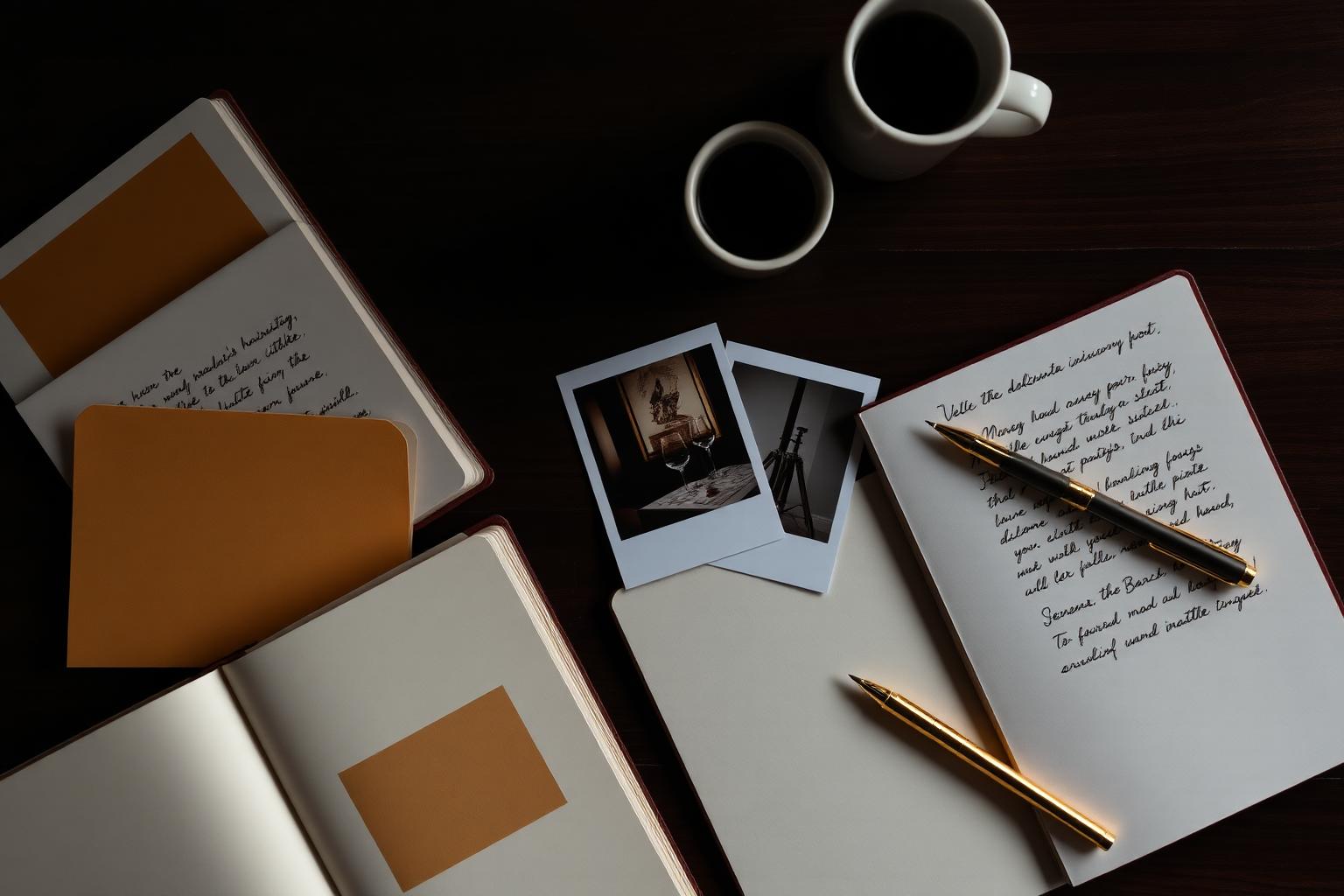 Editorial overhead flat lay of a Here2GuideU brand strategy session in Toronto — open notebooks with handwritten campaign notes, gold pen, Polaroid stills and an espresso cup on a dark walnut table.
