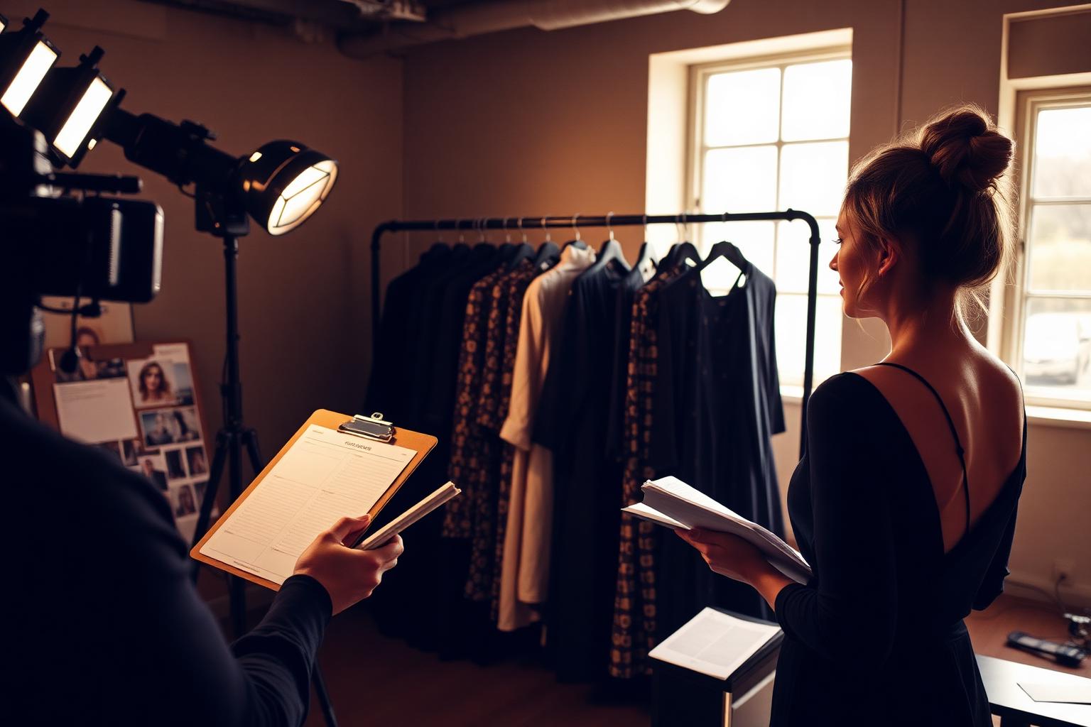 That Soul Sister photoshoot producer reviewing a campaign moodboard on a clipboard in a Toronto studio, beside garment racks of couture and warm tungsten production lighting.
