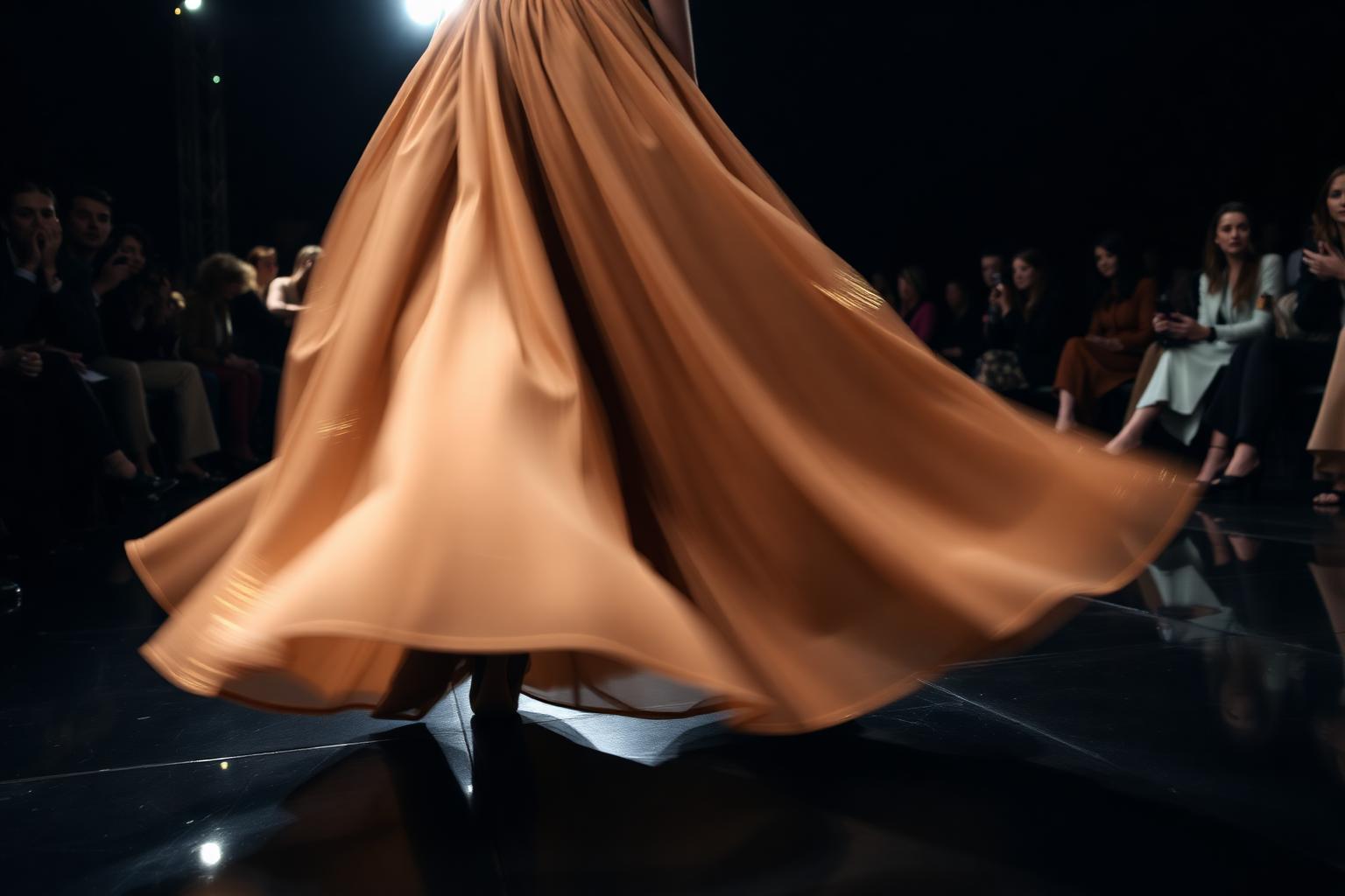 Toronto runway model mid-walk for a fashion week show, hem of an amber gown caught in motion blur, glossy black runway floor reflecting overhead lights with audience silhouettes flanking the catwalk.