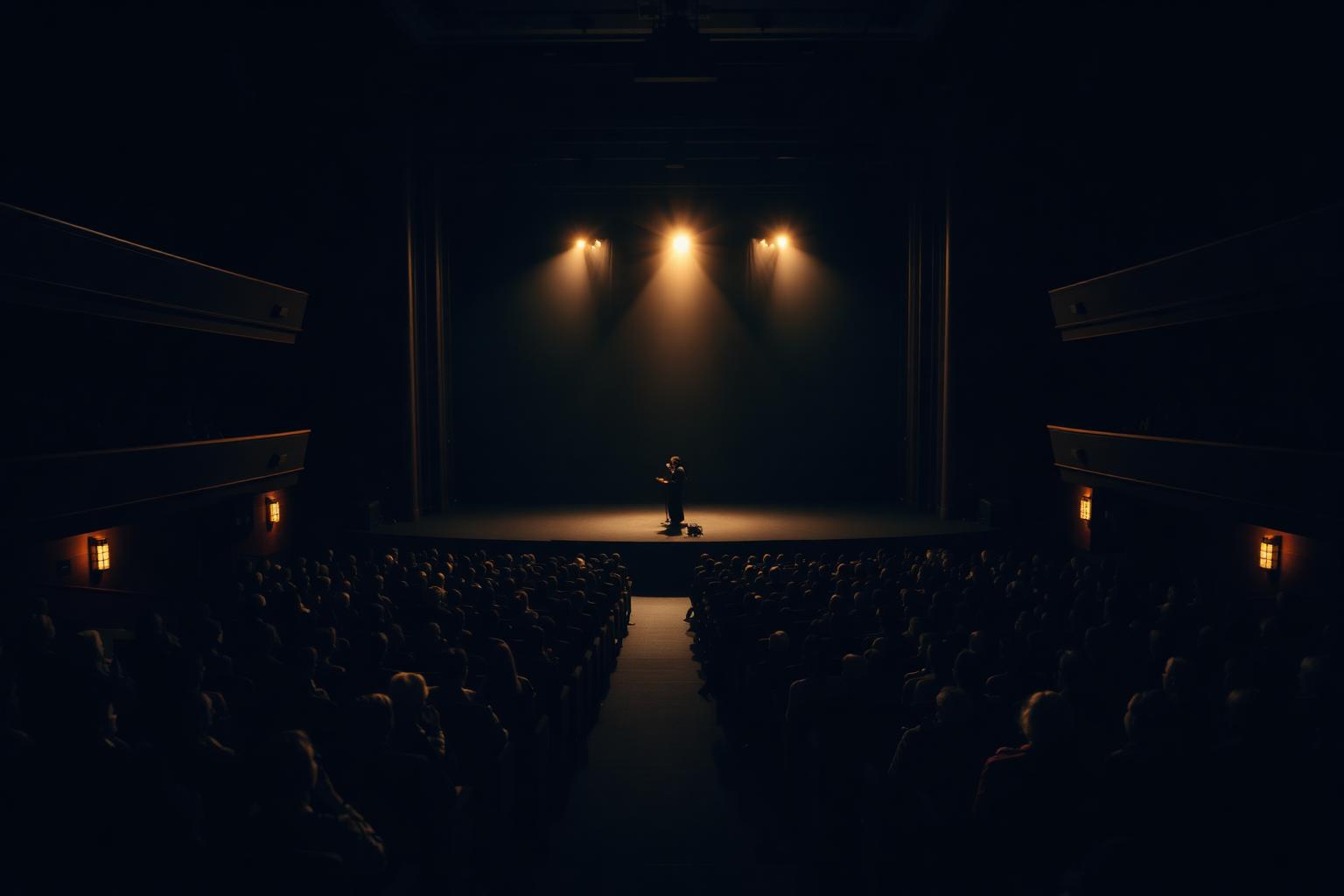 Wide cinematic view from the rear of a darkened Toronto theatre auditorium, a lone keynote speaker at a podium lit by three overhead spotlights with an audience filling the seats.